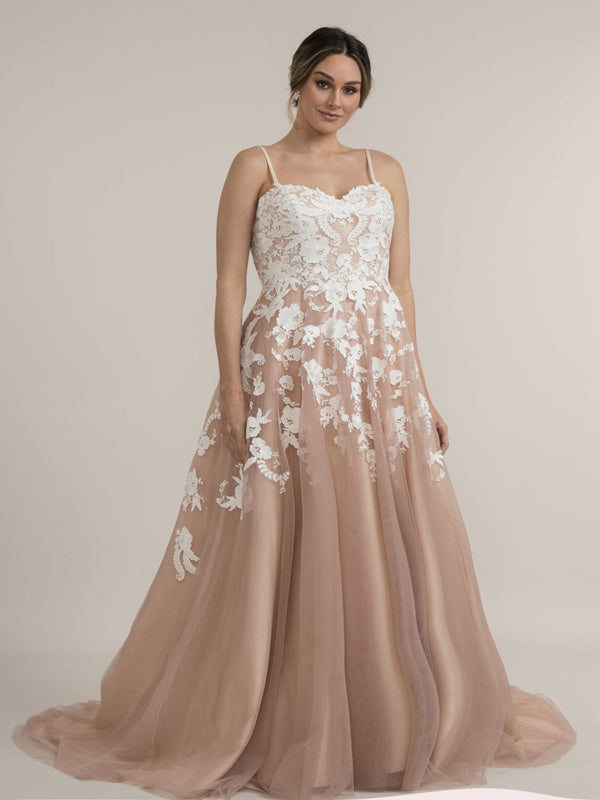 pink wedding dress with white flowers Dusty rose