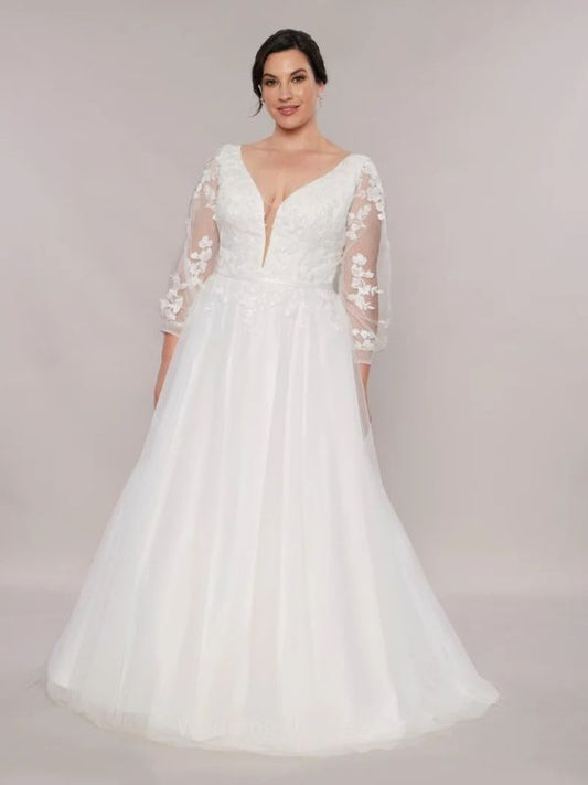Long sleeve wedding dress no train Aline tulle skirt Floral beaded lace.