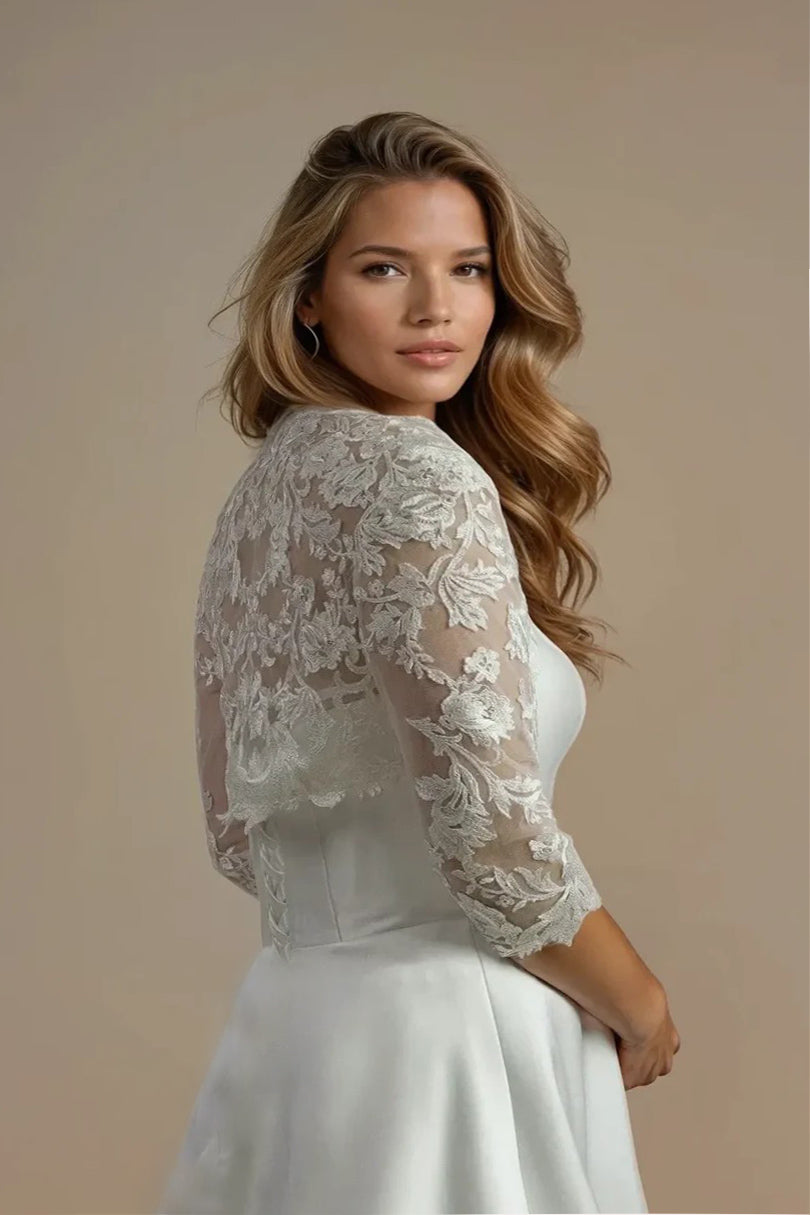 lace covered back divine bolero with 3/4 sleeves