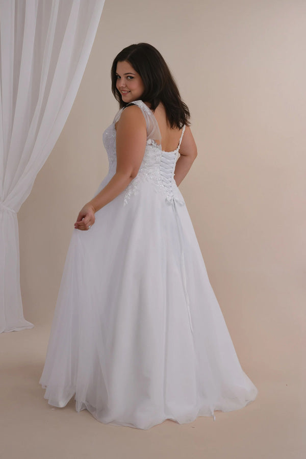 Faith sparkly deb dress in white with full tulle skirt and corset back