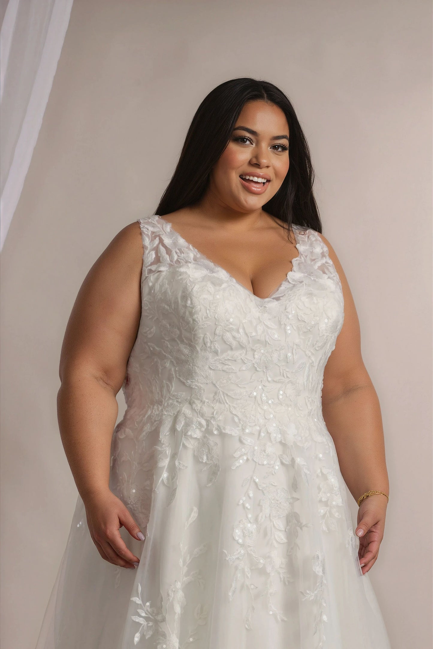 Front view Dream floral lace wedding dress (plus size) with V neck