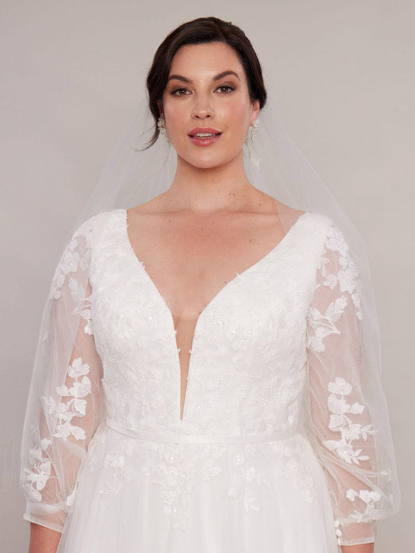 Deep V trainless long sleeve wedding dress