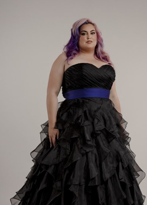 Black wedding dress with purple sash