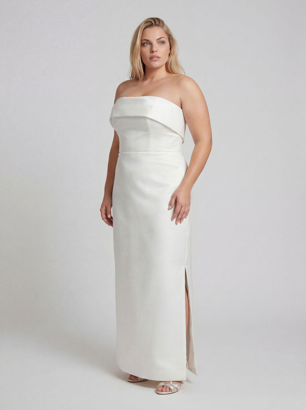 Bree plus size Mikado satin sheath wedding dress in ivory with side split