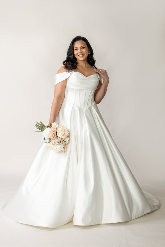 Deluxe Holly strapless satin wedding dress with detachable off-shoulder straps