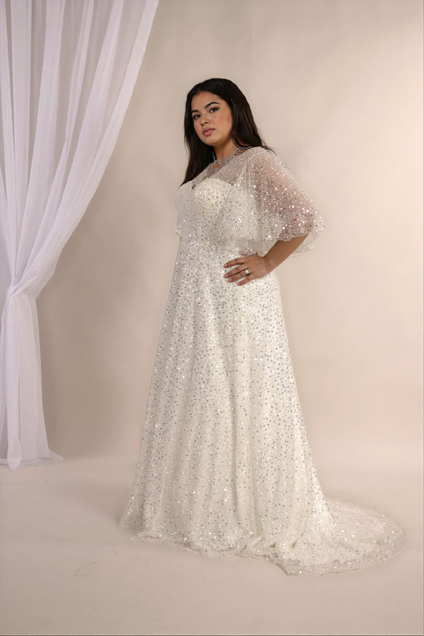 Jolie plus size sequin wedding dress with flutter sleeves and V neckline