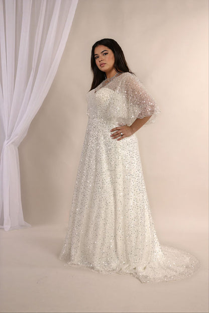 Jolie plus size sequin wedding dress with flutter sleeves and V neckline
