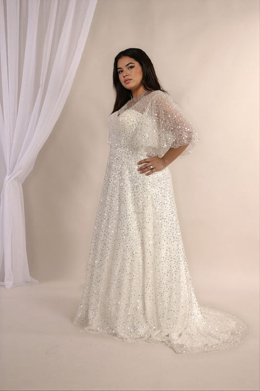 Jolie plus size sequin wedding dress with flutter sleeves and V neckline