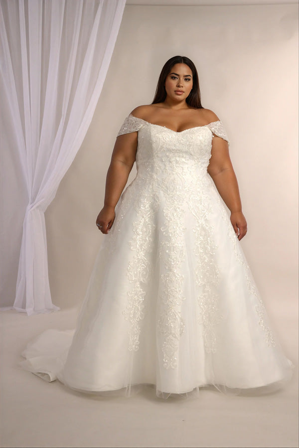 Lace ballgown wedding dress with off the shoulder neckline and full skirt