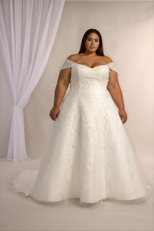 Lace ballgown wedding dress with off the shoulder neckline and full skirt