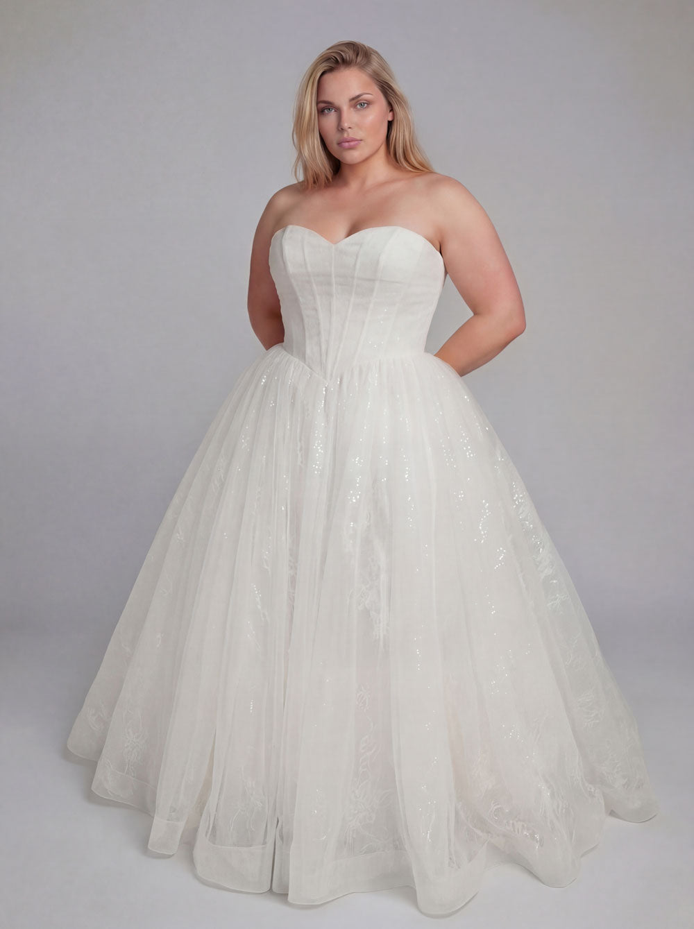 Plus size glitter wedding dress with sparkling lace underlay and soft tulle skirt