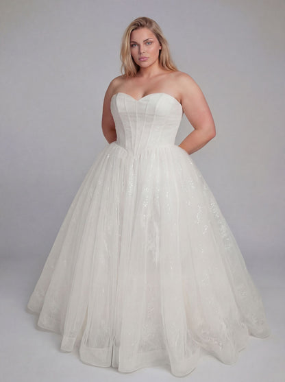 Plus size glitter wedding dress with sparkling lace underlay and soft tulle skirt