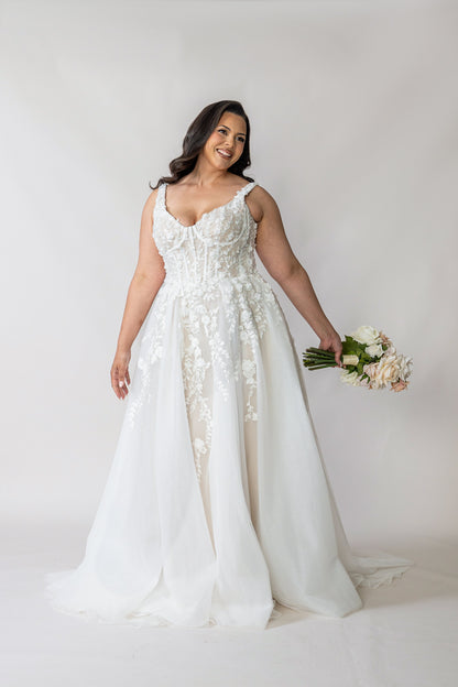 Tiana plus size lace ball gown wedding dress with floral corset bodice
