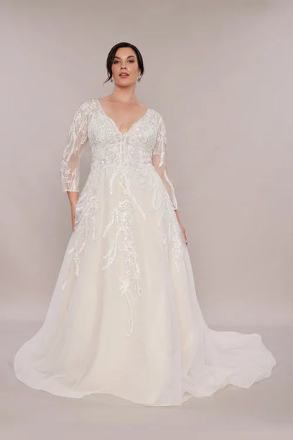 alllace bridalgown with sleeves full length front view