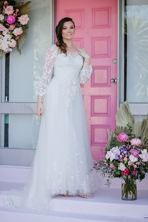 Bridal gown with long lace sleeves A-line