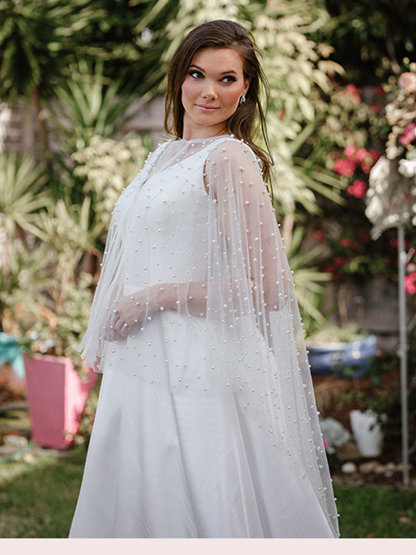 Pearl wedding dress cape Plus Size Perfection Bridal