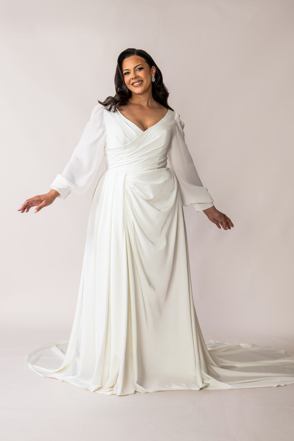 Valentina plus size crepe wedding dress with chiffon bishop sleeves