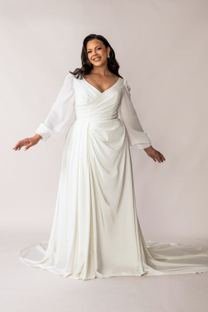 Valentina plus size crepe wedding dress with chiffon bishop sleeves