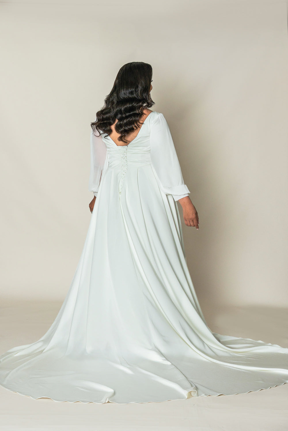 Crepe wedding dress back with long sleeves and train