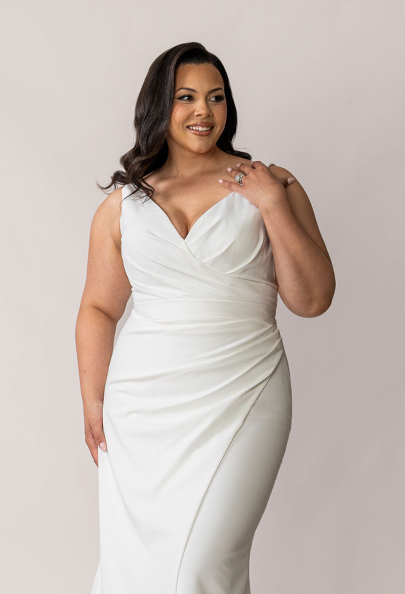 V-neck fitted plus size wedding dress
