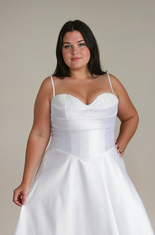Satin deb dress Eden showing structured bodice and full skirt