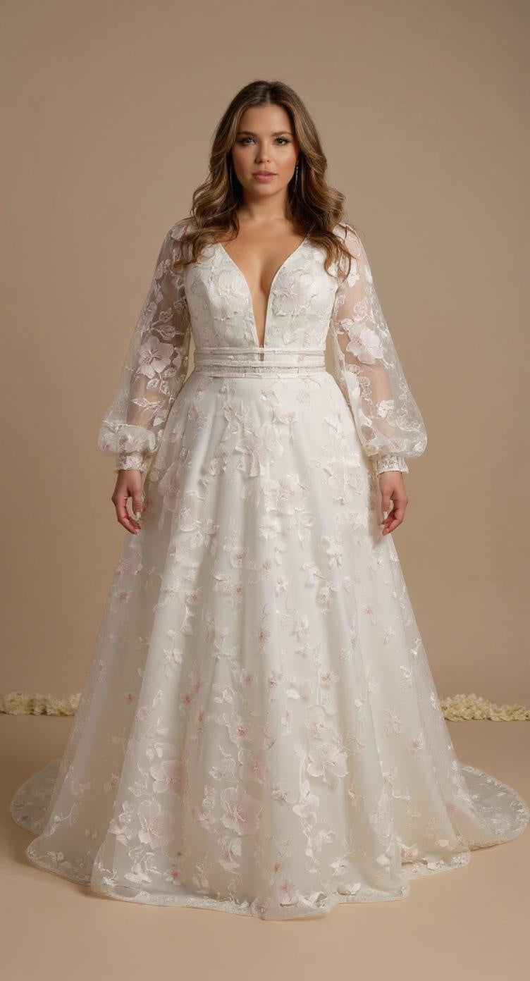 Woman wearing a pink and ivory wedding dress with long sleeves on a beige background