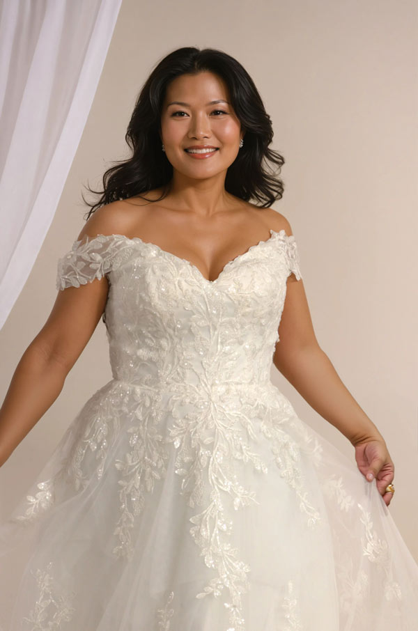 Close up beaded lace detail on Dakota off the shoulder bridal gown in plus sizes