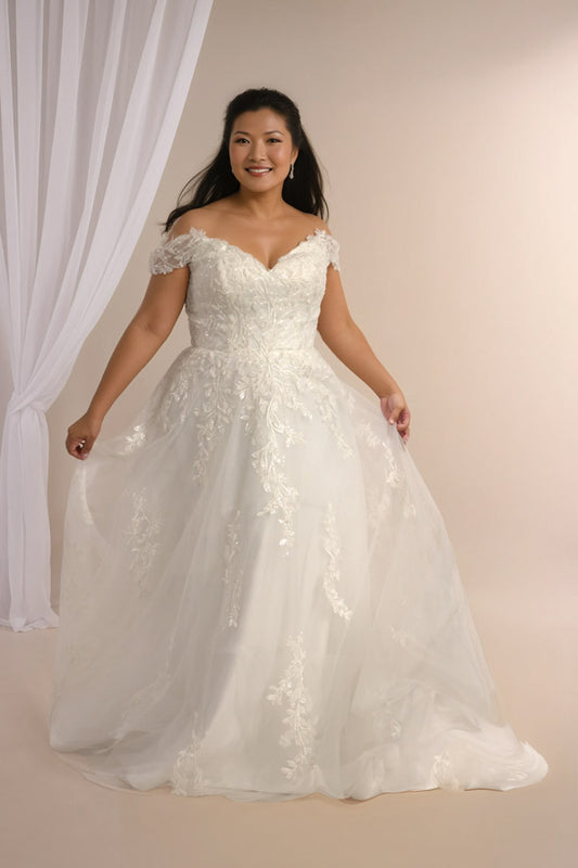 Wedding dresses with beaded lace and off the shoulder detail