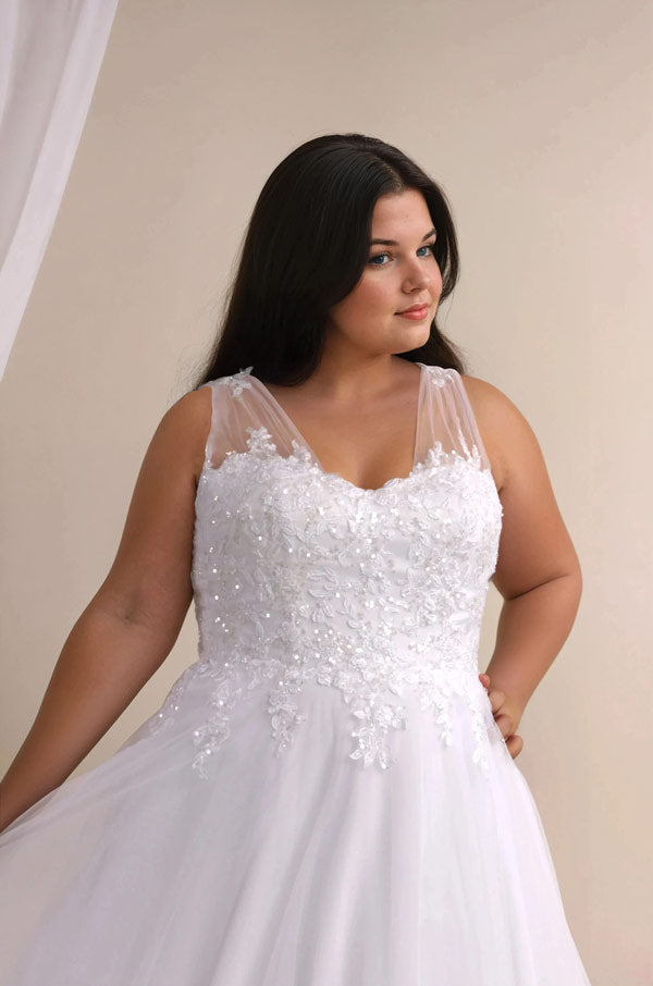 Close up of Faith sparkly bodice and strap detail on deb dress