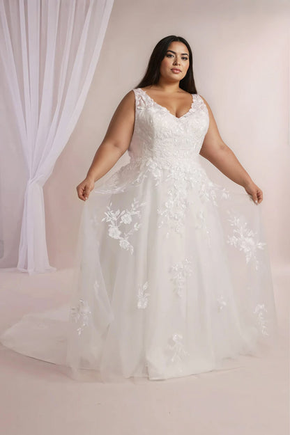 Dream plus size floral lace wedding dress with V neckline and A-line skirt