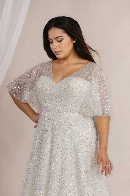 Jolie plus size sparkly wedding dress in ivory with flutter sleeves