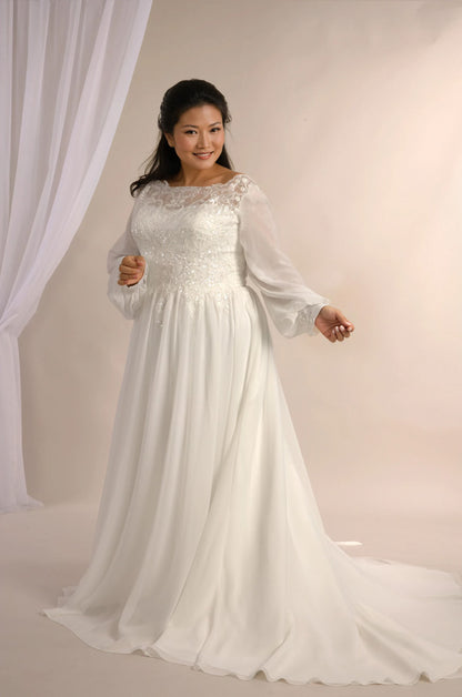 Plus size long sleeve chiffon wedding dress Oceana with soft flowing A-line skirt