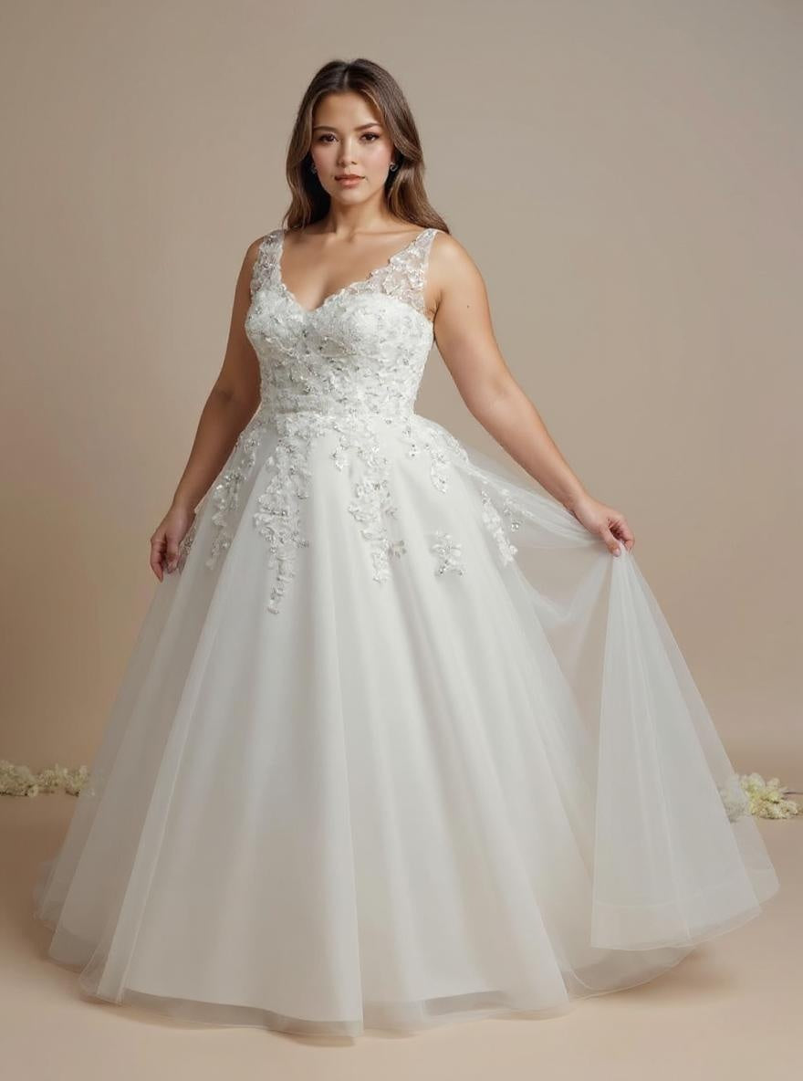 Plus size lace wedding dress with straps