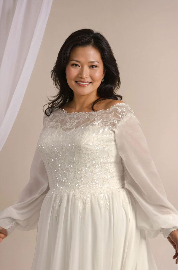 Close up lace bodice on Oceana plus size chiffon wedding gown