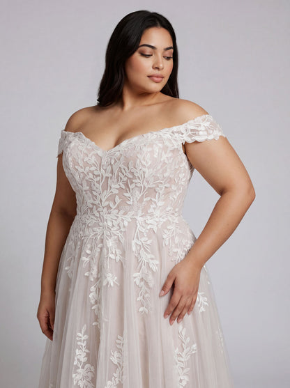Periwinkle lace plus size wedding dress with soft tulle train and delicate beaded floral lace detail