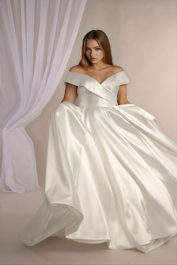 Plus size mikado wedding dress Romy with off the shoulder neckline and full skirt