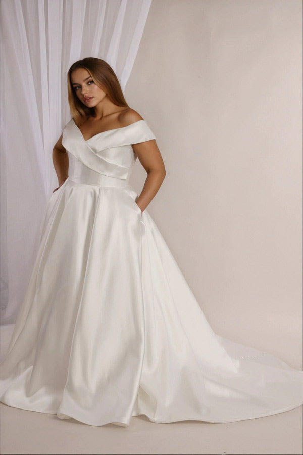 off shoulder satin gown plus size wedding dress Romy Plus Size Mikado Wedding Dress | Off the Shoulder Ballgown
