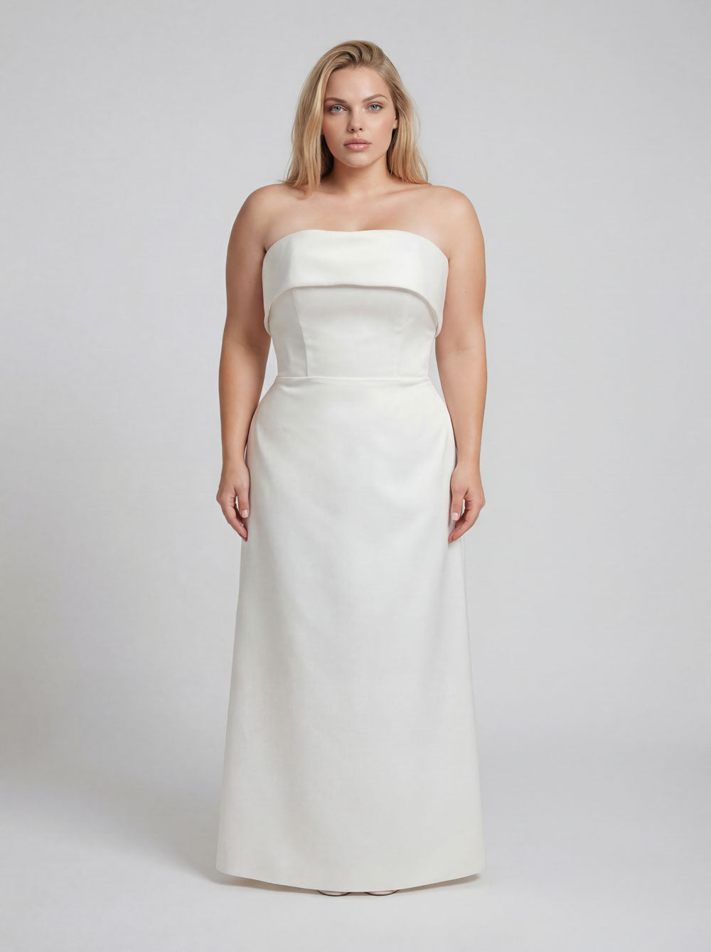 Modern plus size sheath wedding dress in Mikado satin with internal corset