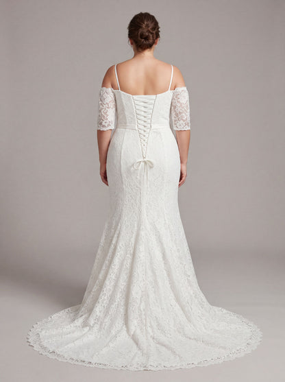 Ivory fitted lace sample wedding gown in size 22 back view