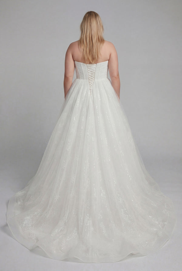 Back view of Kristina plus size glitter ballgown wedding dress with corset back