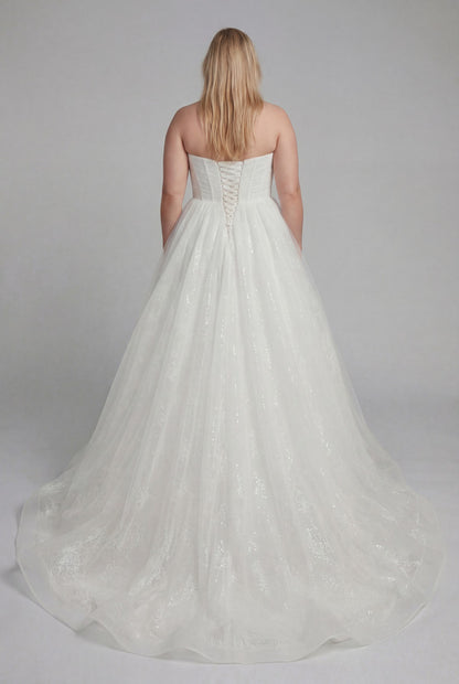 Back view of Kristina plus size glitter ballgown wedding dress with corset back