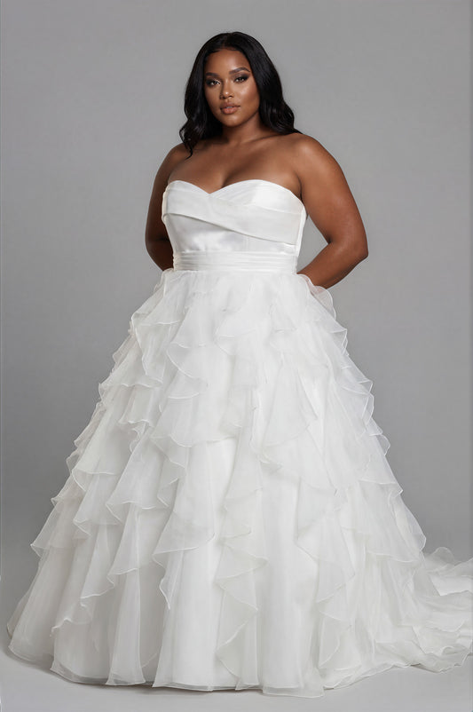 Plus size strapless ruffle wedding dress with sweetheart bodice