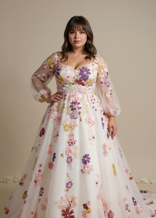 floral wedding dress with coloured flowers