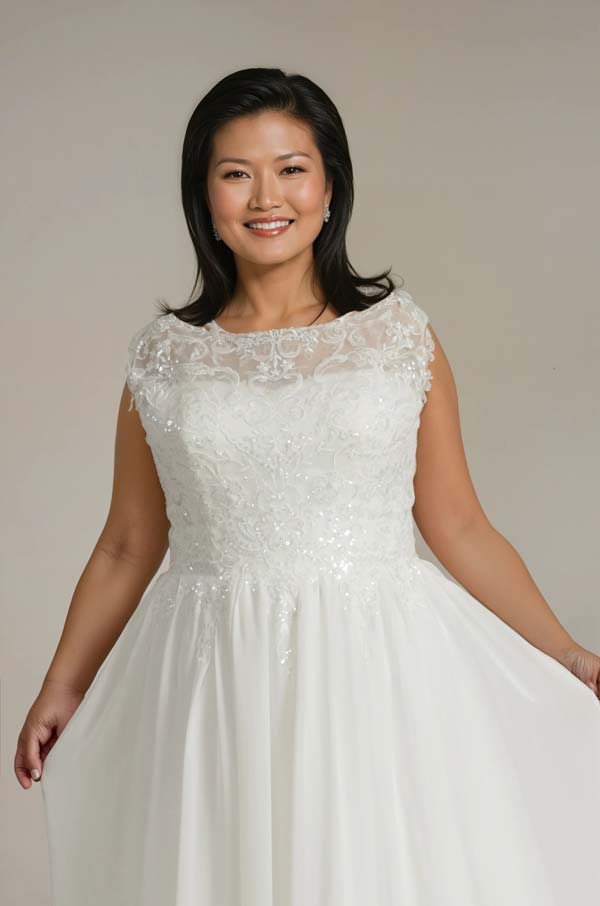 chiffon sleeveless wedding dress with detailed lace bodice