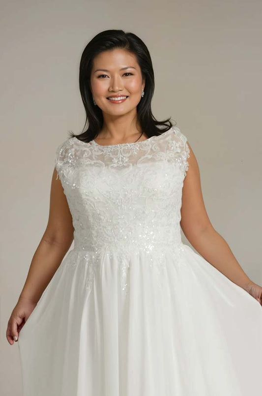 chiffon sleeveless wedding dress with detailed lace bodice